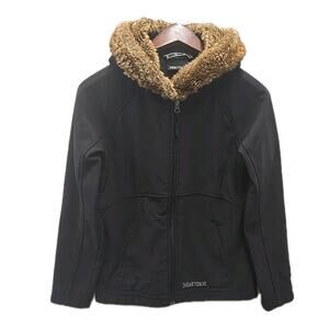 Marmot Furlong Soft Shell Jacket Womens S Black Full Zip Faux Fur Hoodie Pockets